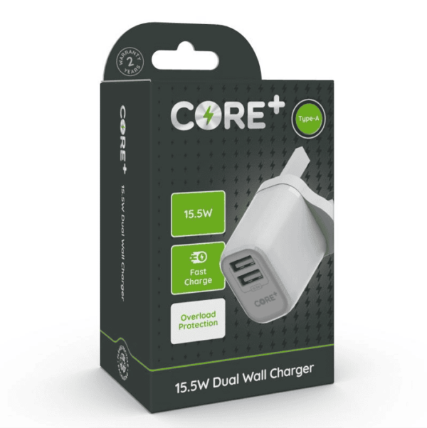 Core+ Dual USB Type-A Wall Charger Fast Charge 3A/15W