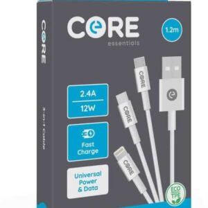 Core Essentials 3 in 1 Cable 1.2M 2.4Amp - 8-Pin for iPhone/iPad - Micro USB - USB-C