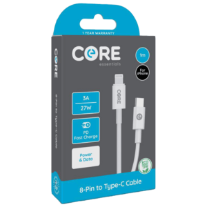 Core Essentials 8-Pin - Type-C Cable 1M White TPE 3A 27W PD Fast Charge