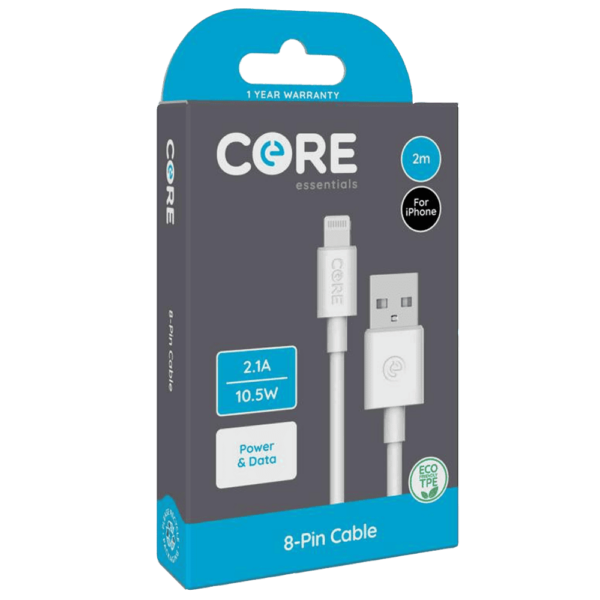 Core Essentials 8-Pin - USB-A Cable 2M White TPE 2.1A Fast Charge