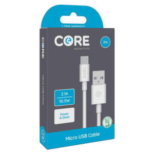 Core Essentials Micro USB - USB-A Cable 2M White TPE 2.1A 10.5W Fast Charge