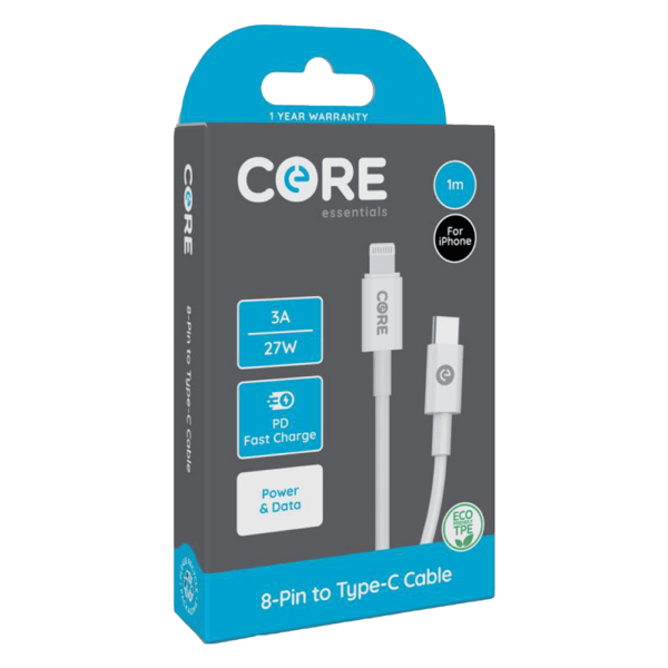 Core Essentials Type-C - Type-C Cable 1M White TPE 3A 60W PD Fast Charge