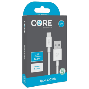 Core Essentials USB-A - Type-C Cable 2M White TPE 2.1A 10.5W Fast Charge