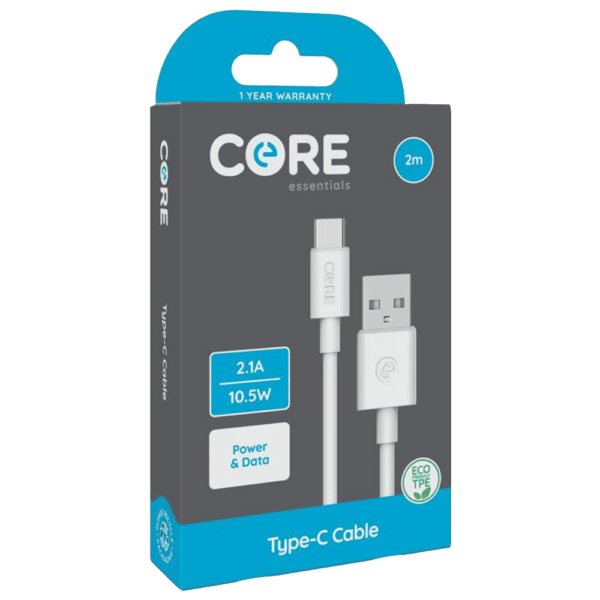 Core Essentials USB-A - Type-C Cable 2M White TPE 2.1A 10.5W Fast Charge