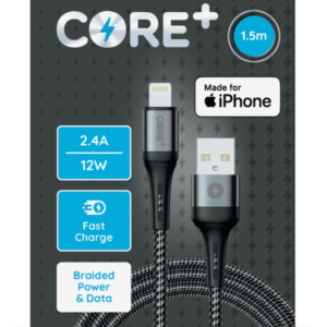 Core+ Lightning to USB-A Braided Cable 1.5M Grey 2.4A/12W