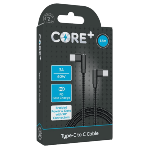 Core+ Type-C - Type-C 90 Degree Braided Cable 1.5M Grey 3A 60W PD Fast Charge