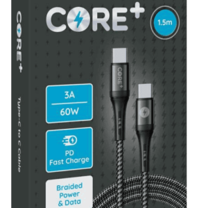 Core+ Type-C - Type-C Braided Cable 1.5M Grey 3A 60W PD Fast Charge