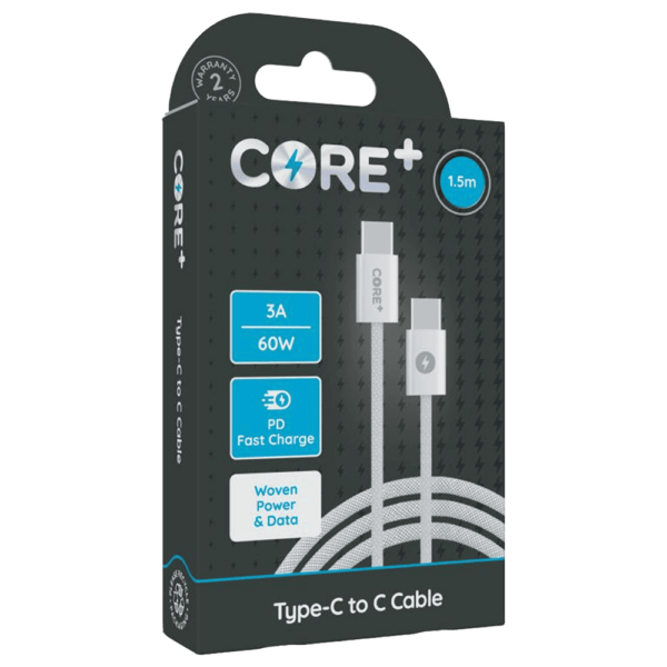 Core+ Type-C - Type-C Woven Cable 1.5M White 3A 60W PD Fast Charge