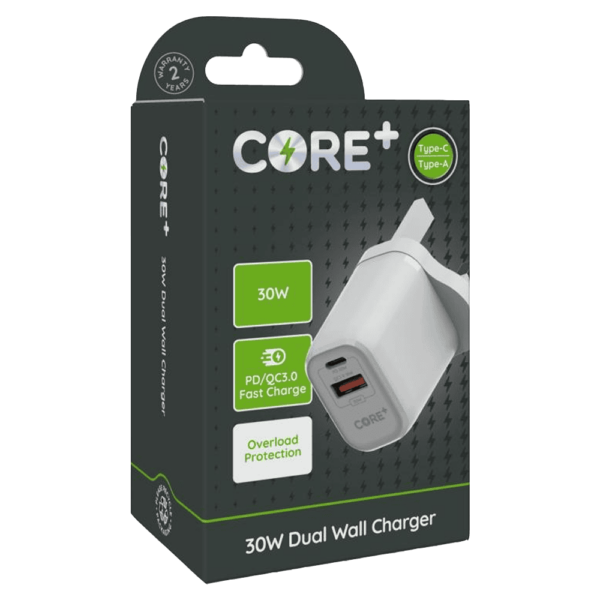 Core+ Type-C & USB-A Dual Wall Charger C/A 30W PD + QC.3.0