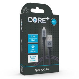 Core+ USB - Type-C Braided Cable Grey 1.5m 2.4A/12W Fast Charge