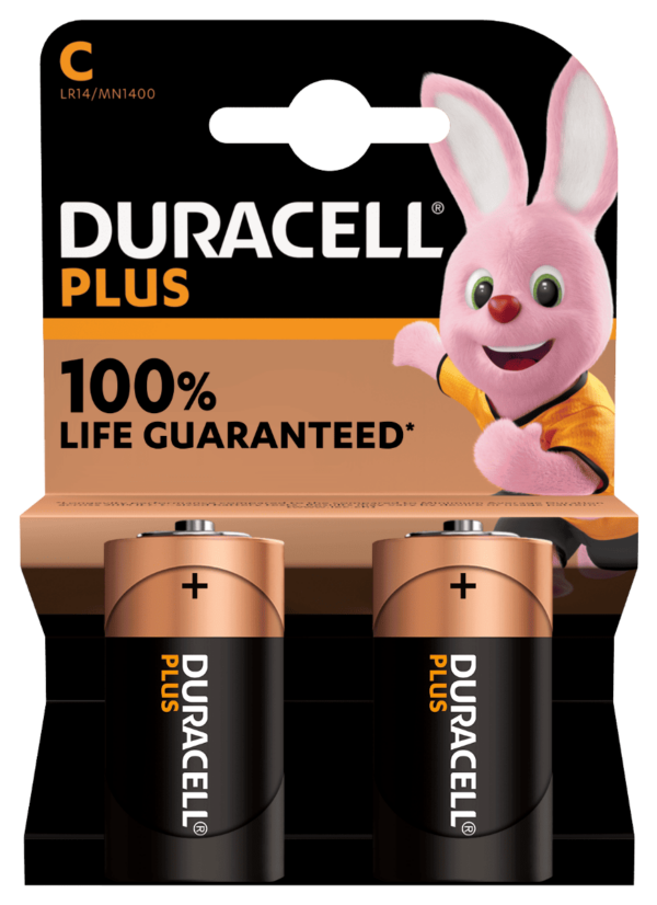 Duracell Plus C Alkaline Batteries 2pk +100% Life Guaranteed!