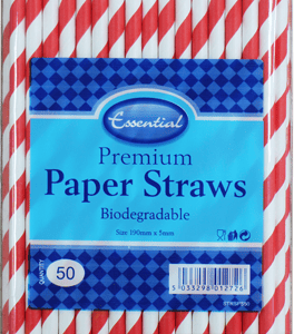 Essentials Biodegradable 50 Striped Red & White Paper Straws