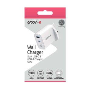 Groov-e Mains Charger Dual USB-C & USB-A Chager 65W Macbook & Laptop Compatible