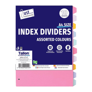 Just Stationery A4 Index Dividers, Assorted Colours