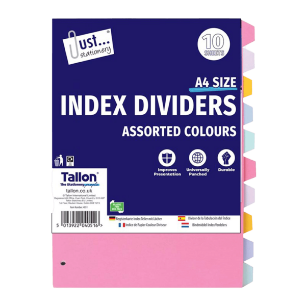 Just Stationery A4 Index Dividers, Assorted Colours