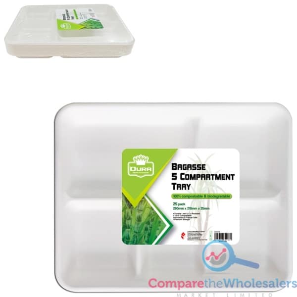 Bagasse 5 Compartment Tray 25pk