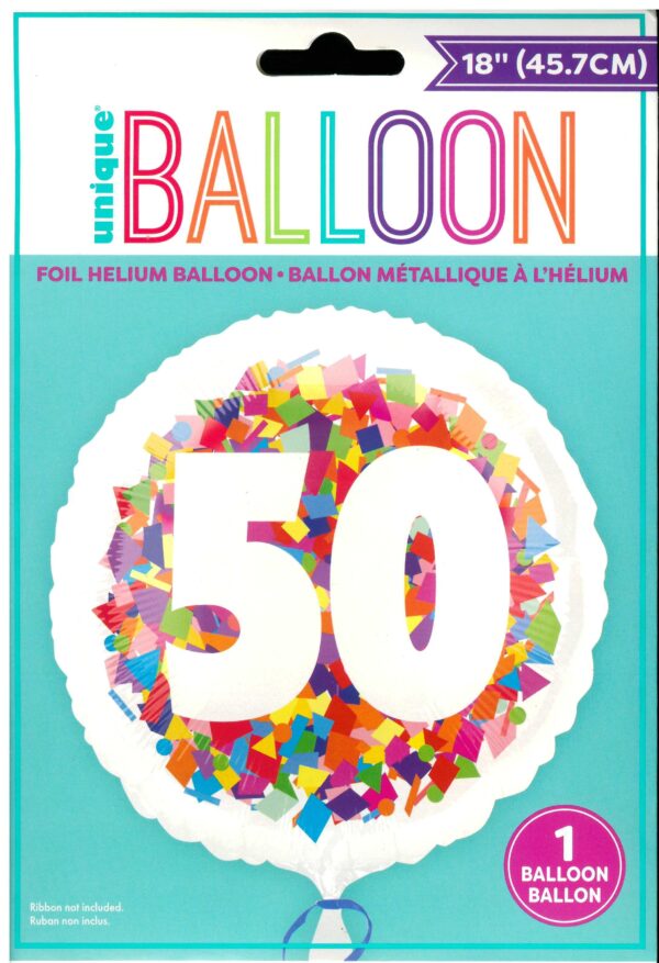 18-Inch Round Foil Balloon with Unique Bright Confetti Design - Number 50