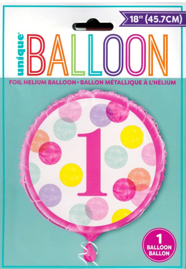 18'' Round Foil Balloon with Unique Pink Dots Design, Number 1