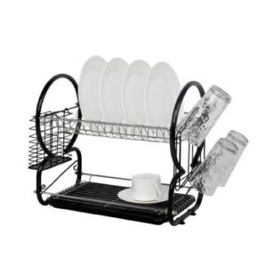 2-Tier Black Dish Drying Rack with Drip Tray for Sink