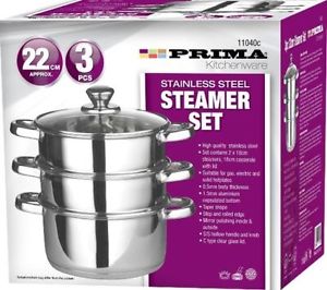 22CM Euro Steamer Set with Glass Lid and Encapsulated Bottom - 3 Pieces