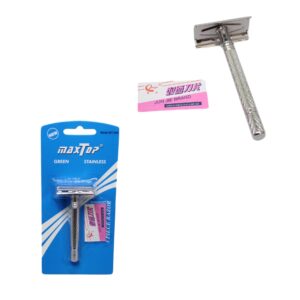 **3 Piece Set**: This suggests that the set comes with three components, which might include the razor handle, a head for holding the blades, and possibly a protective cover or...