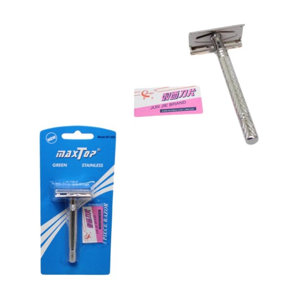 **3 Piece Set**: This suggests that the set comes with three components, which might include the razor handle, a head for holding the blades, and possibly a protective cover or...