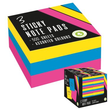500-Sheet Pack of Assorted Color Sticky Note Pads, 3 Pads Included