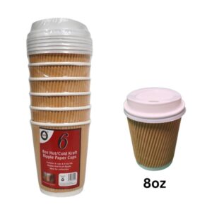 8oz Disposable Brown Kraft Ripple Wall Paper Cups with Lids, Pack of 6