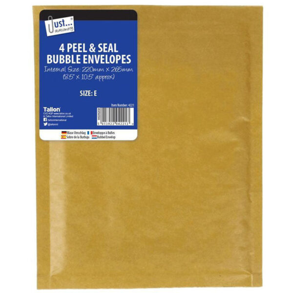 A Bubble Envelope Size E measuring 220mm x 265mm is designed for mailing and protecting items that fit within these dimensions. Typically made of durable paper on the outside...