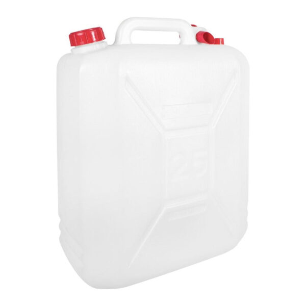 A Milestone Plastic Water Jerry Can in white with a 25-liter capacity is a large, durable container designed for storing and transporting water or other liquids. These jerry...