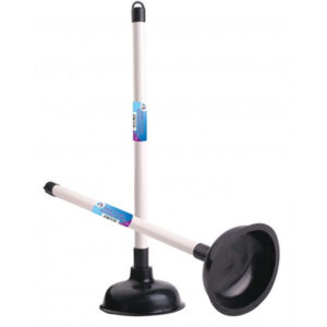 A sink plunger with a long plastic handle of 50cm is a tool designed to help clear clogs in sinks. The plunger typically features a rubber suction cup at one end that creates a...