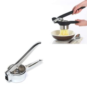 A stainless steel hand-held potato ricer with dimensions of 26.5 x 6.4 x 9 cm is a kitchen tool used to create smooth mashed potatoes or purees from cooked vegetables. The model...