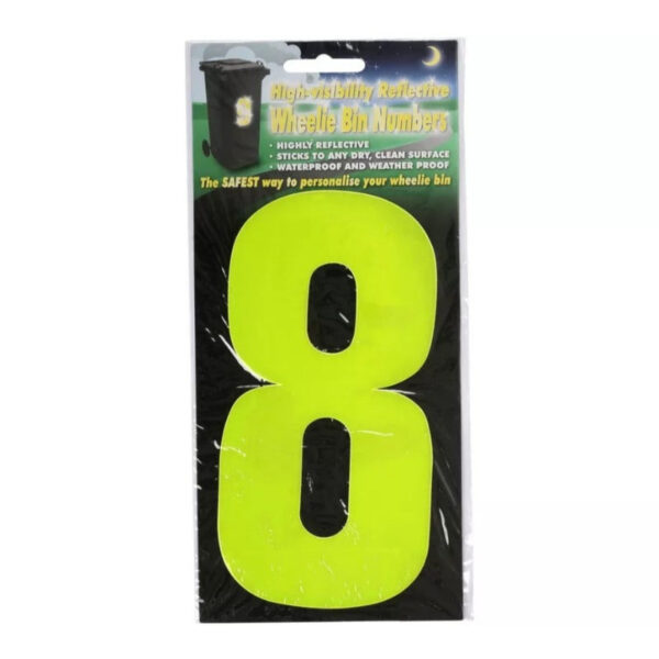 A "Wheelie Bin Sticker Yellow High Visibility Reflective - Number 8" is a sticker designed to be placed on a wheelie bin (a type of waste container with wheels) to increase its...