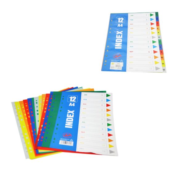 A4 folder dividers, also known as subject punched index color sheets, are used to organize documents within a binder or file. This particular product comes as a 12-pack, model...