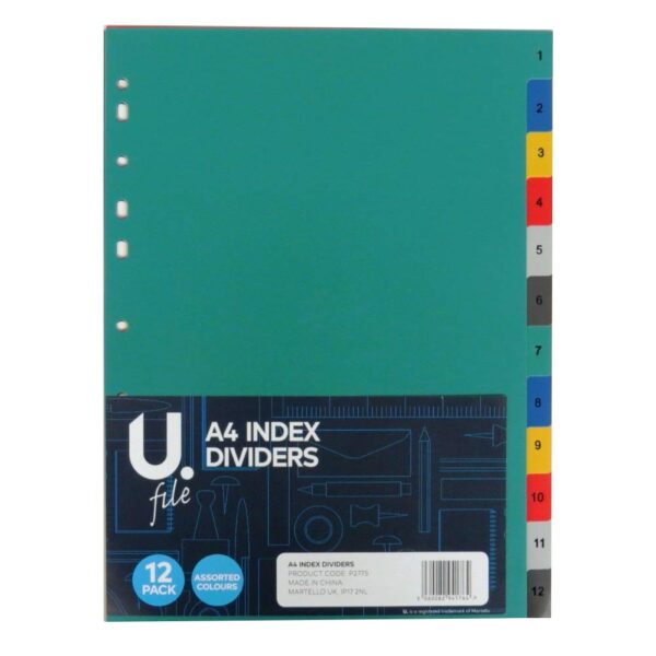 A4 Polypropylene Index Dividers with Tabs - Numbered 1 to 12 in Assorted Colors