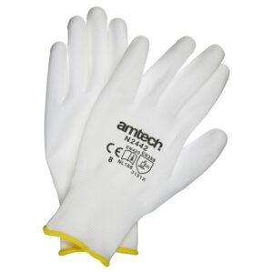 AM-TECH Medium White Work Gloves with Light Duty PU Coating (Size 8)