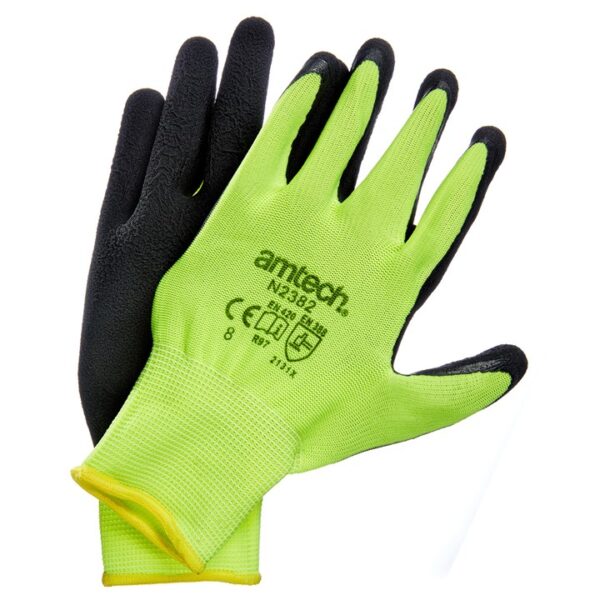 AMTECH Medium High-Visibility Latex-Coated Work Gloves (Size 8)