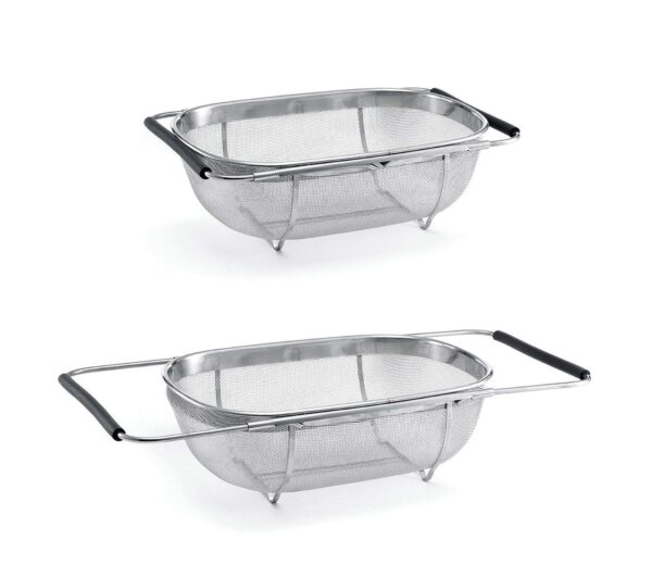 An extendable metal rectangular kitchen sink strainer measuring 34 x 24 x 10 cm, identified by the model number 9734 / 2010 A, is designed for efficient water drainage and...