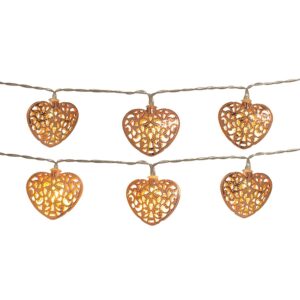 Battery-Operated LED String Lights with Copper-Colored Plastic Filigree Hearts