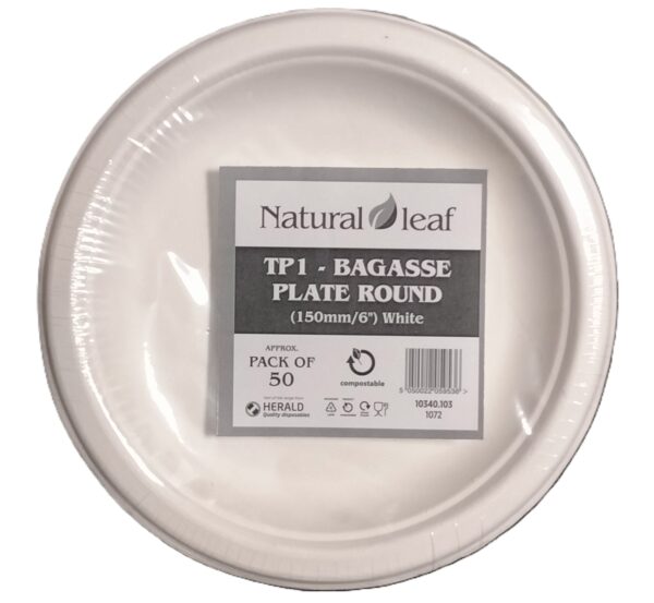 Biodegradable Plate Made from Natural Leaf Bagasse, 6 Inches (15 cm), Pack of 50