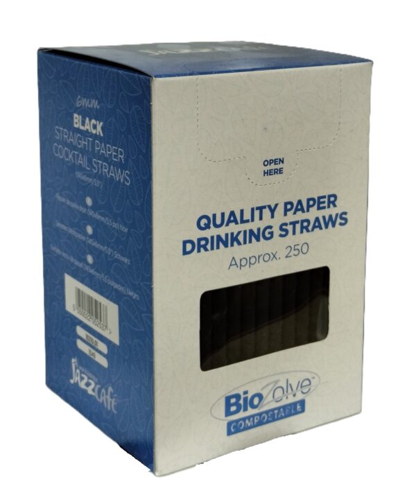 BIOZOLVE Black Biodegradable Paper Cocktail Straws, 140mm x 6mm, Pack of 250