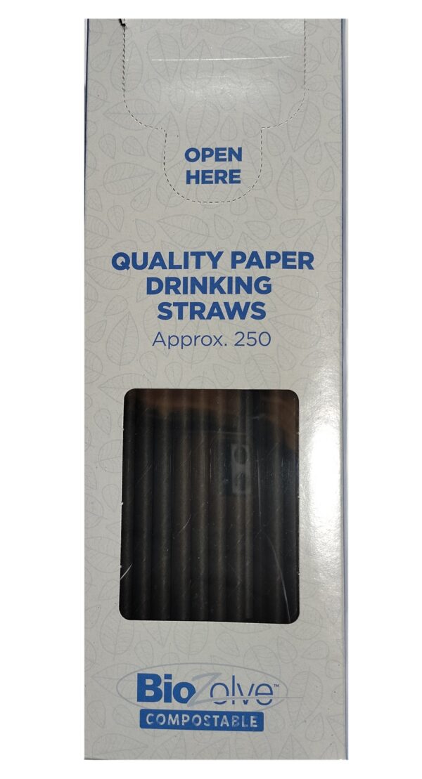 BIOZOLVE Black Biodegradable Paper Straws, 267mm x 6mm, Pack of 250