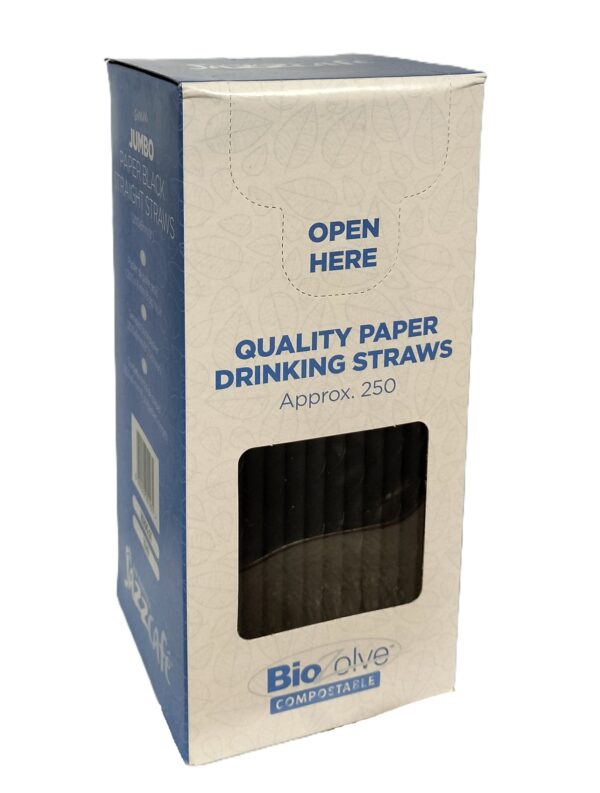 BIOZOLVE Jumbo Biodegradable Paper Straws - Black, 200mm x 6mm, Pack of 250