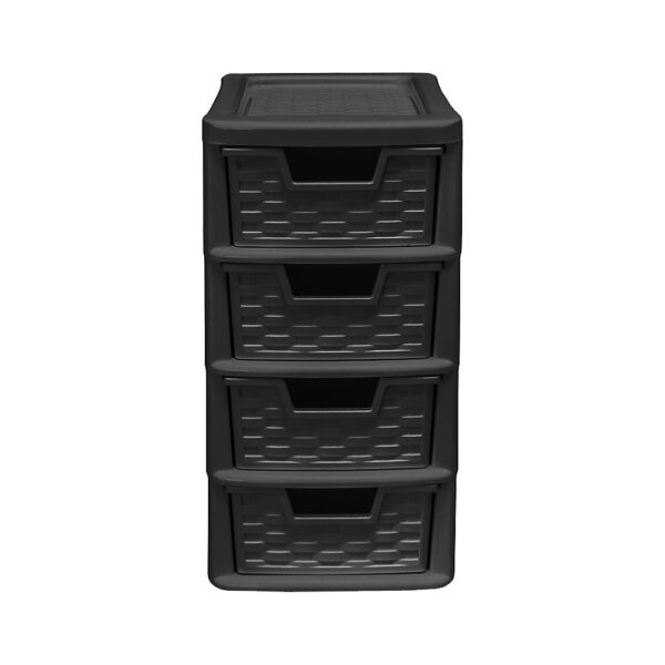 Black Plastic 4-Drawer Rattan Tower Storage Unit - Small