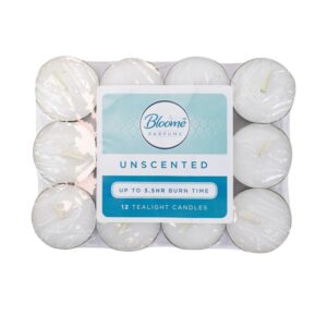 BLOOME Unscented White Tealight Candles 3.5-Hour Burn, Pack of 12