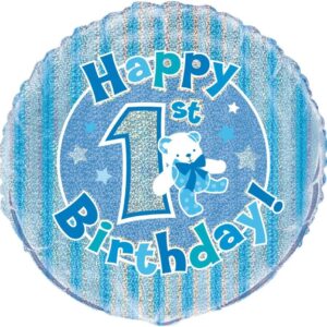 Blue Holographic Round Foil Balloon for 1st Birthday - 18 Inch by Unique Party