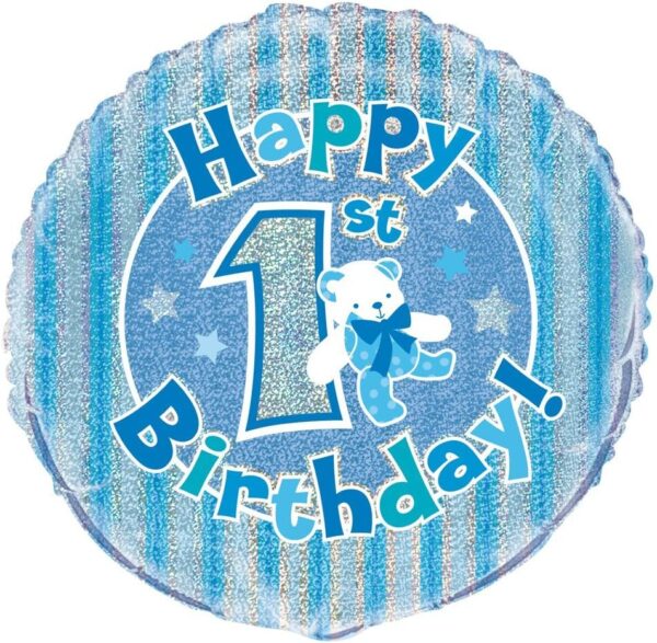 Blue Holographic Round Foil Balloon for 1st Birthday - 18 Inch by Unique Party