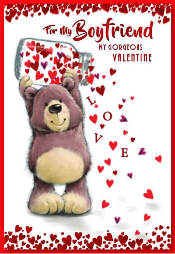 Boyfriend Valentine's Day Card - Bear Holding Hearts in a Jar