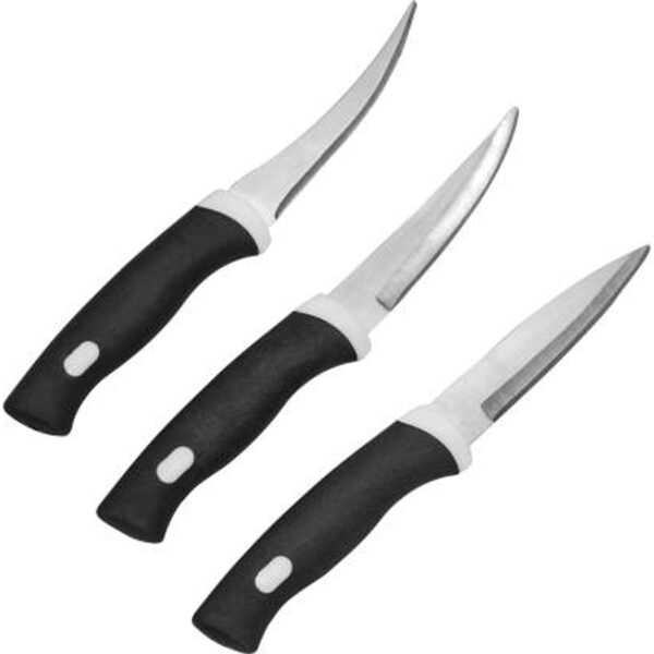 **Chef's Knife**: A versatile knife with a broad and sharp blade typically around 8 inches long, ideal for chopping, slicing, and dicing fruits, vegetables, and meats