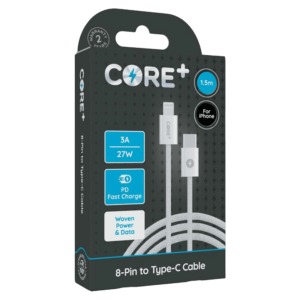 Core+ 1.5M White Woven 8-Pin to Type-C Cable, 3A 27W PD Fast Charging